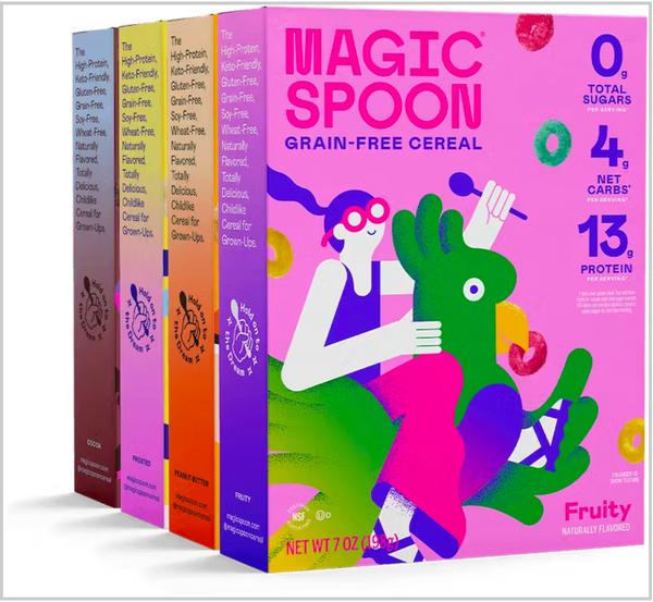 Magic Spoon’s logo perfectly complements the brand’s bold packaging designs.