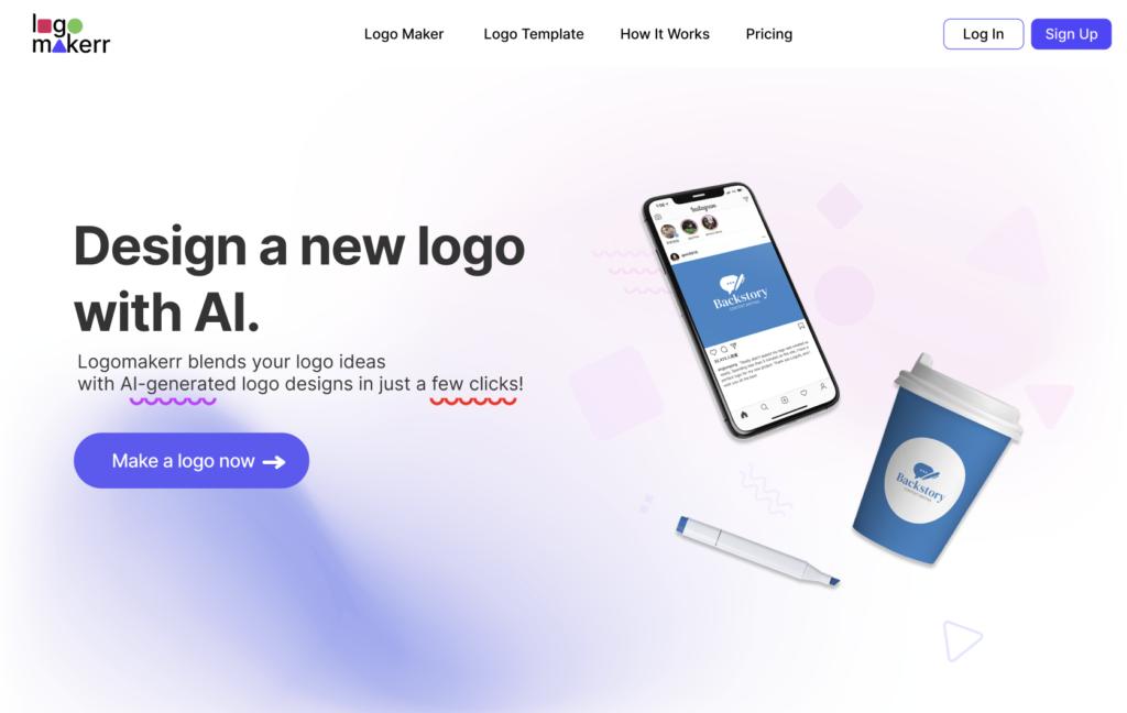 Landing page of a logo generator Logomakerr.ai