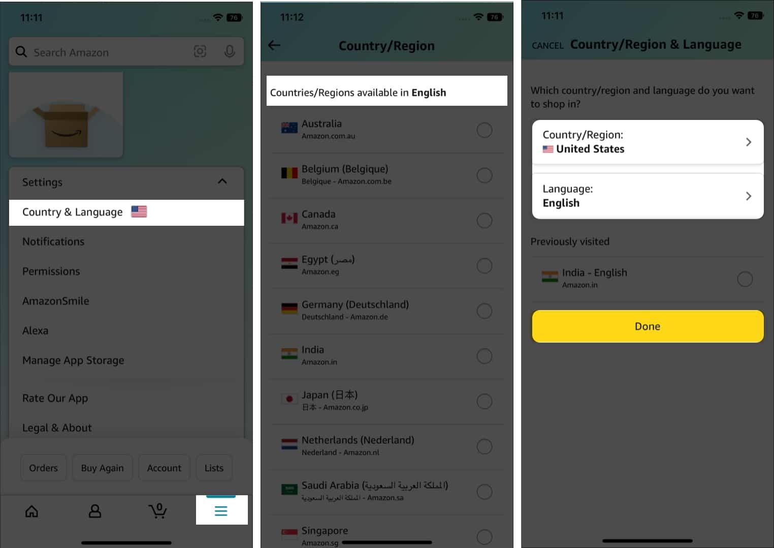Change country and language in the Amazon app on iPhone