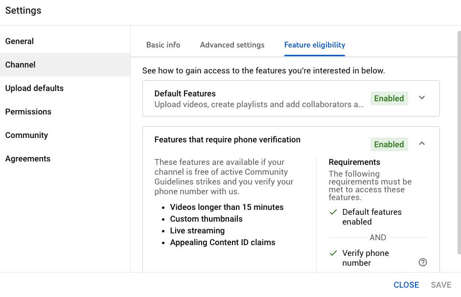 Youtube channel feature eligibility