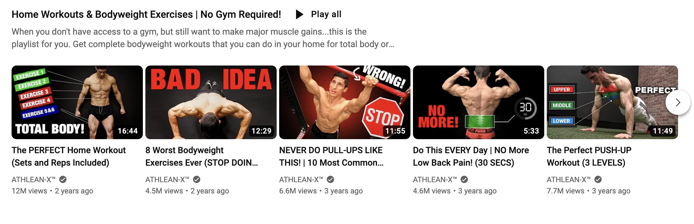 Athlean X YouTube thumbnails with keyword-driven titles