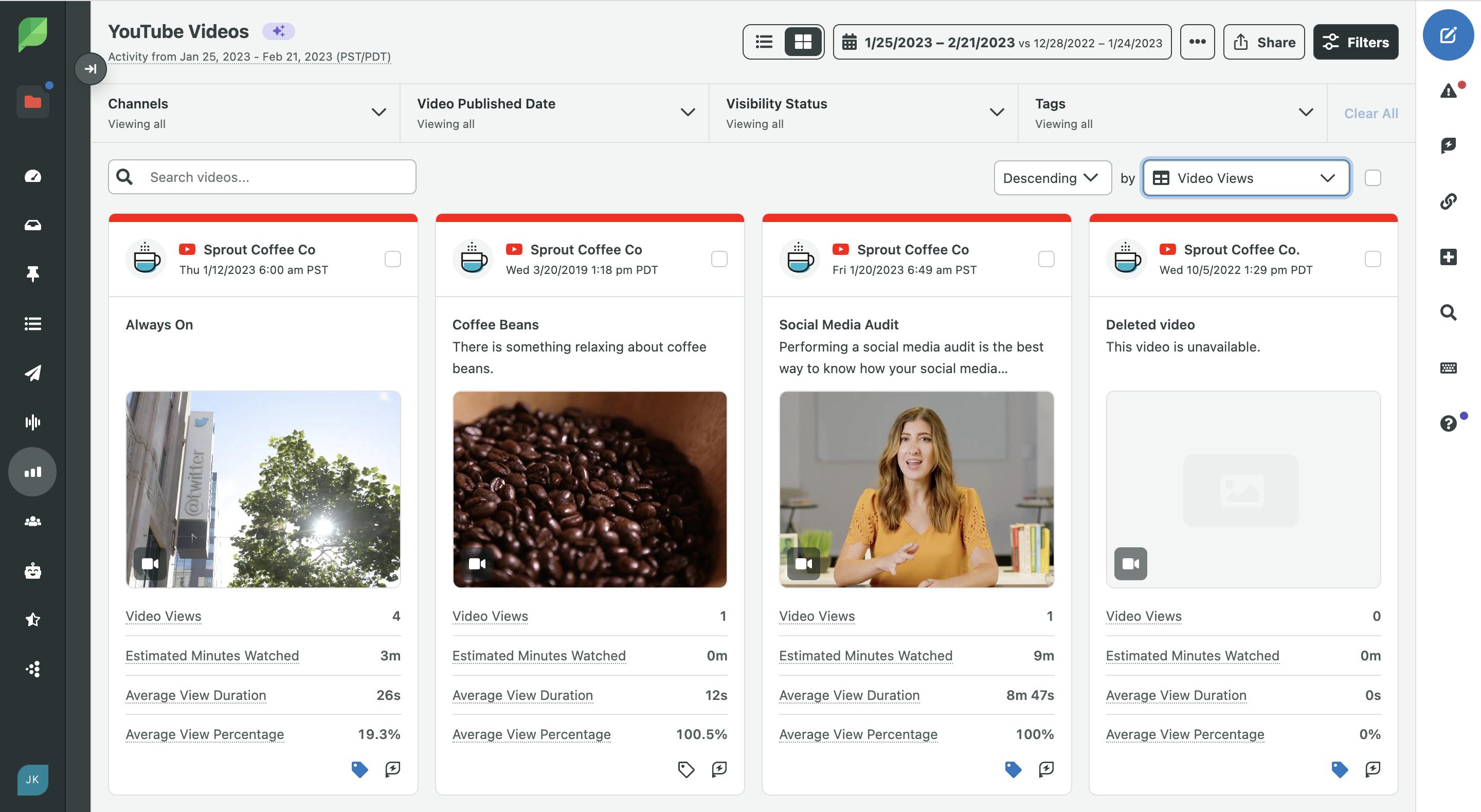 Sprout Social YouTube Videos dashboard