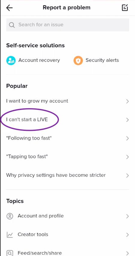Step 3: Select "I can't start a LIVE"