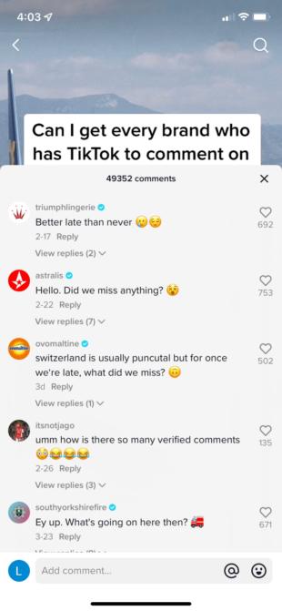 A video on Ryanair's TikTok account with comments from multiple verified brands