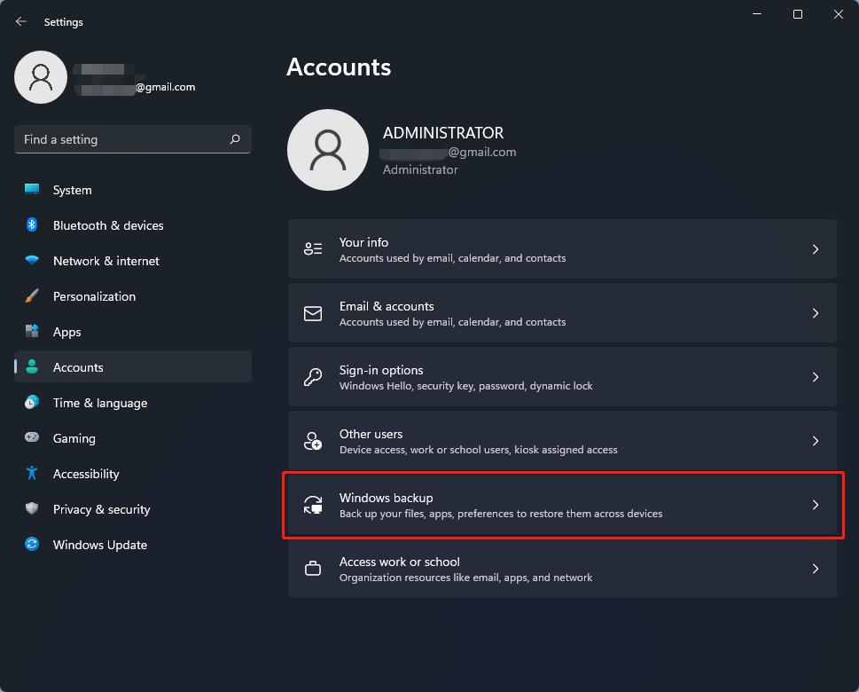 choose Windows backup in Windows 11 account settings