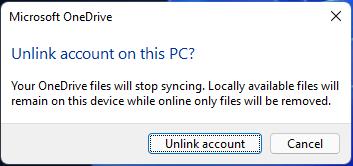 unlink OneDrive account from this PC