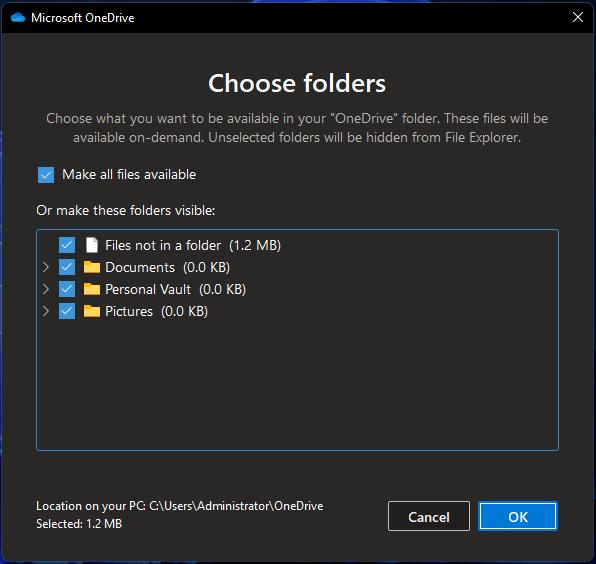choose folders available in local OneDrive folder