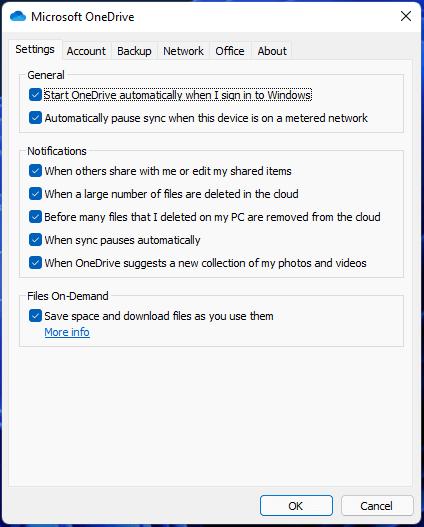 OneDrive settings tab