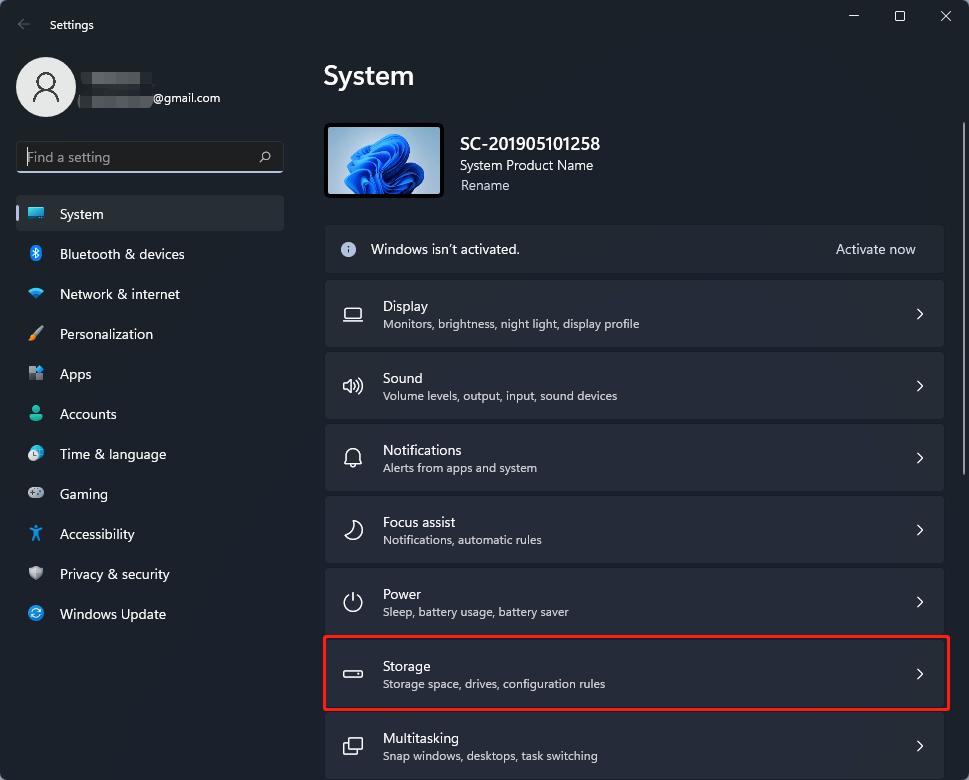 select Storage option in Windows 11 system settings