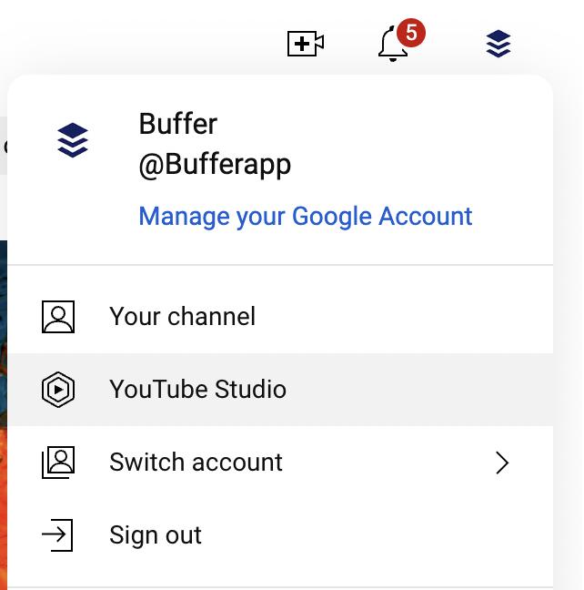 Screenshot of how to access YouTube Studio on Youtube.