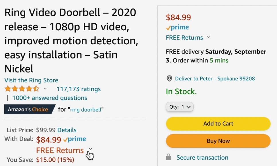 A screenshot of an Amazon checkout page for a Ring video doorbell.