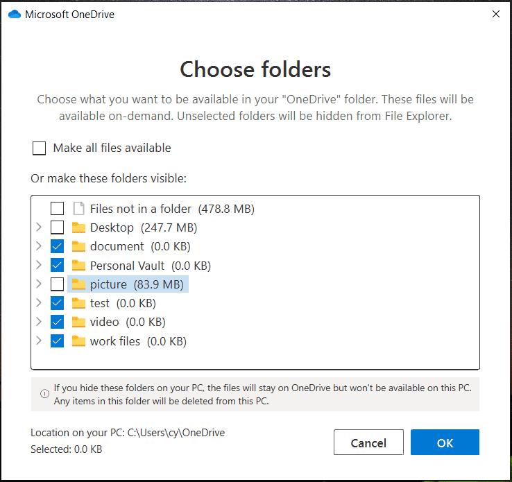 uncheck folders in OneDrive